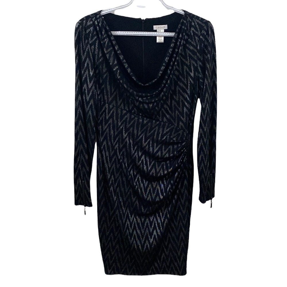 Cache Black Metallized Zigzag Patterned Draped Sh… - image 1